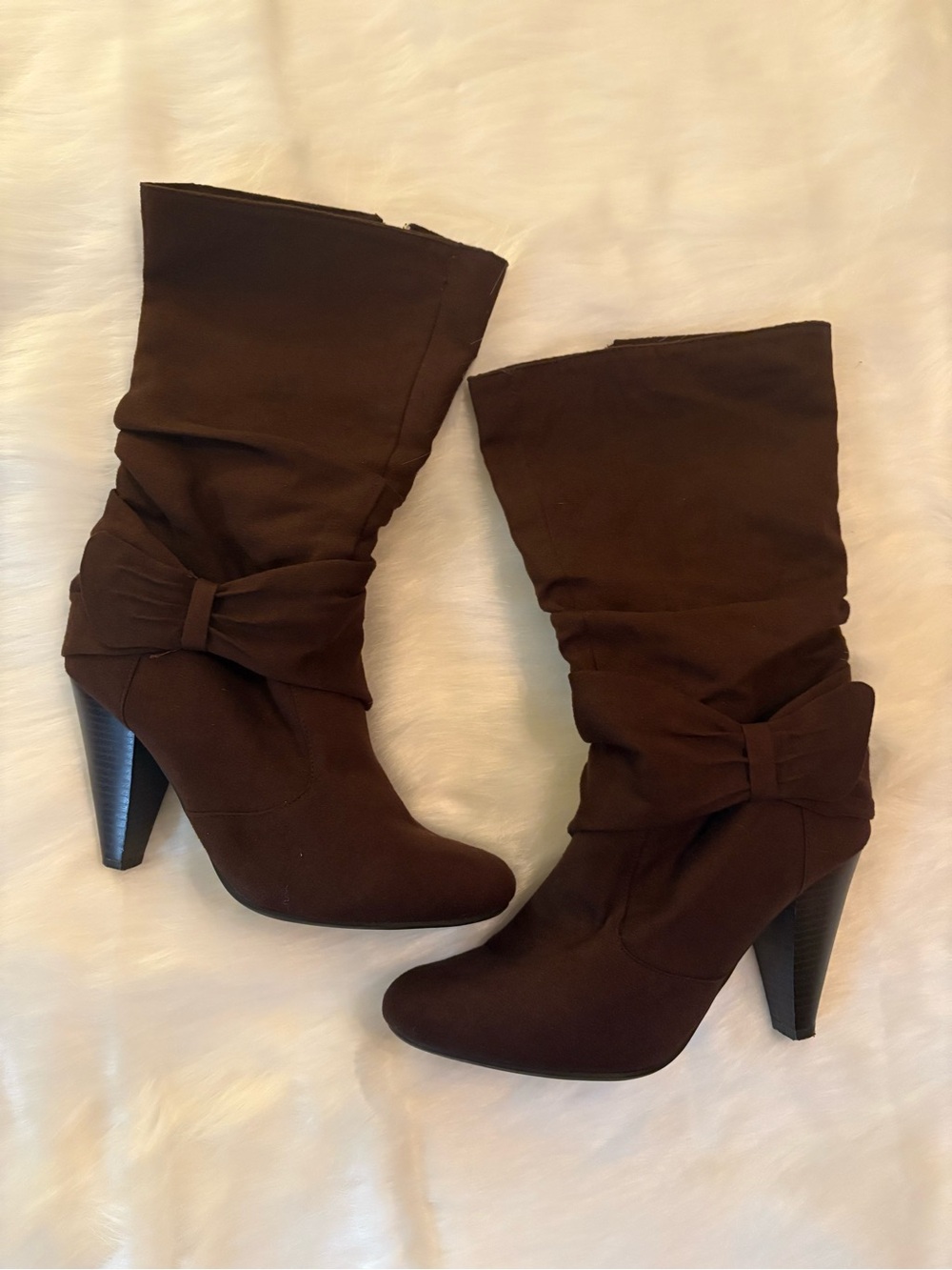 Self Esteem Dark Brown Mid-Calf Heeled Boots with Decorative Bow